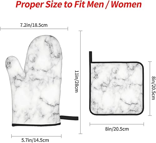 Miniatura 3 de Juego de 4 guantes de horno y soportes para ollas con textura de mármol blanco, resistentes al calor, guantes de cocina para cocinar, asar a la