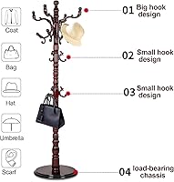 Vista 5 de Perchero independiente, perchero de madera con 14 ganchos, base de disco estable, base de disco estable, para dormitorio, oficina, pasillo, entrada