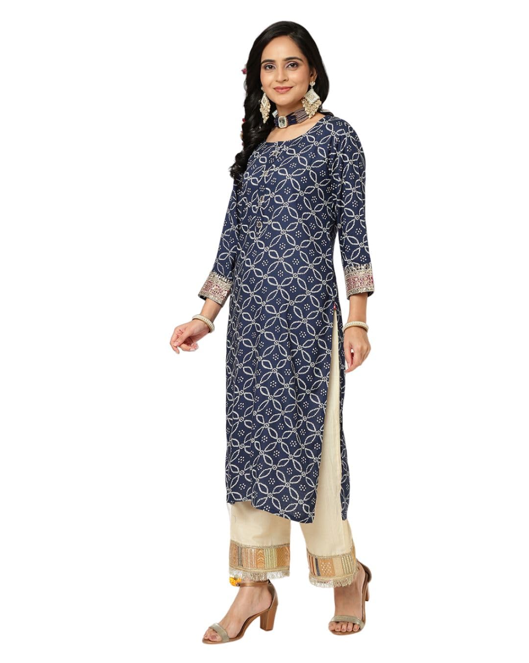 Varanga Women's Bandhani Print Kurta With Three- Quarter Embroidered Sleeves