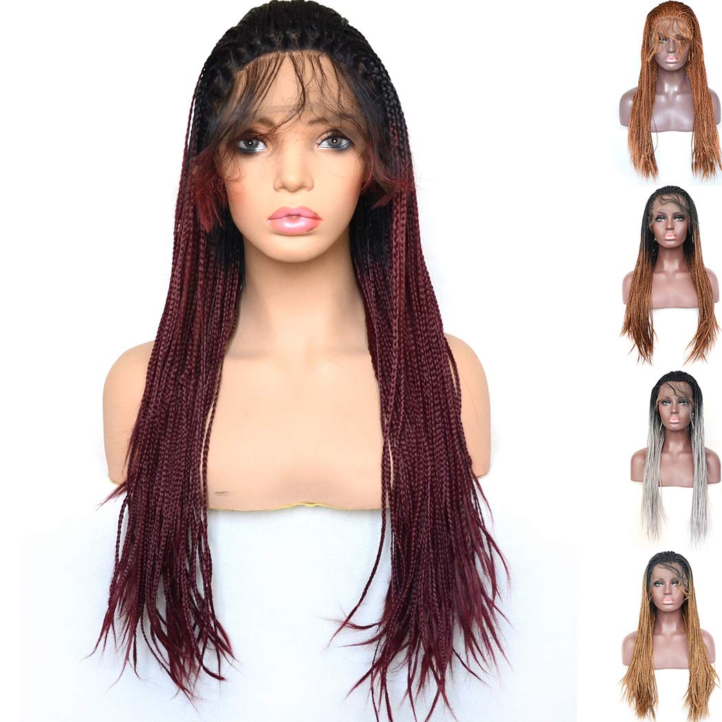 BLUPLE Ombre Micro Braided Wine Red Synthetic Lace Front Wigs Fully Hand Tied Heat Resistant 99j Hair Braiding Styles Fiber Hand Braided Wig for Black Women (24 inches, Micro Braided,T1B/Wine Red)