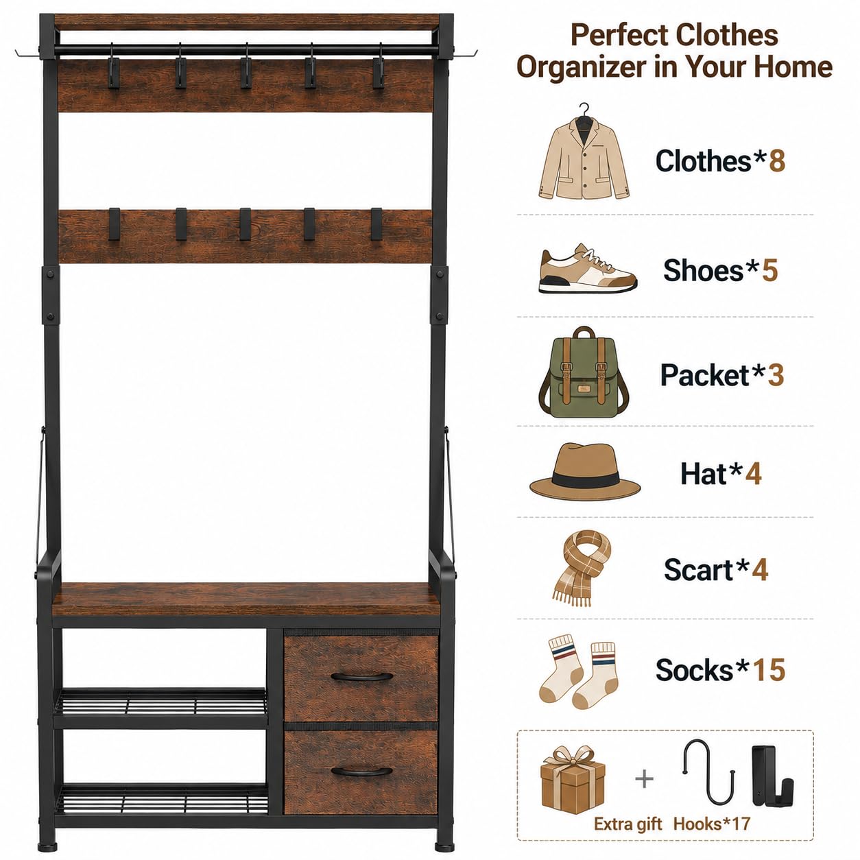 Garderobenständer, Flurgarderobe mit Schuhbank, Garderobe, Schuhaufbewahrung, 2 Schubladen, 17 Haken, Industrie-Design Garderobe mit Sitzbank für Flur, Wohnzimmer 30 x 80 x 180 cm