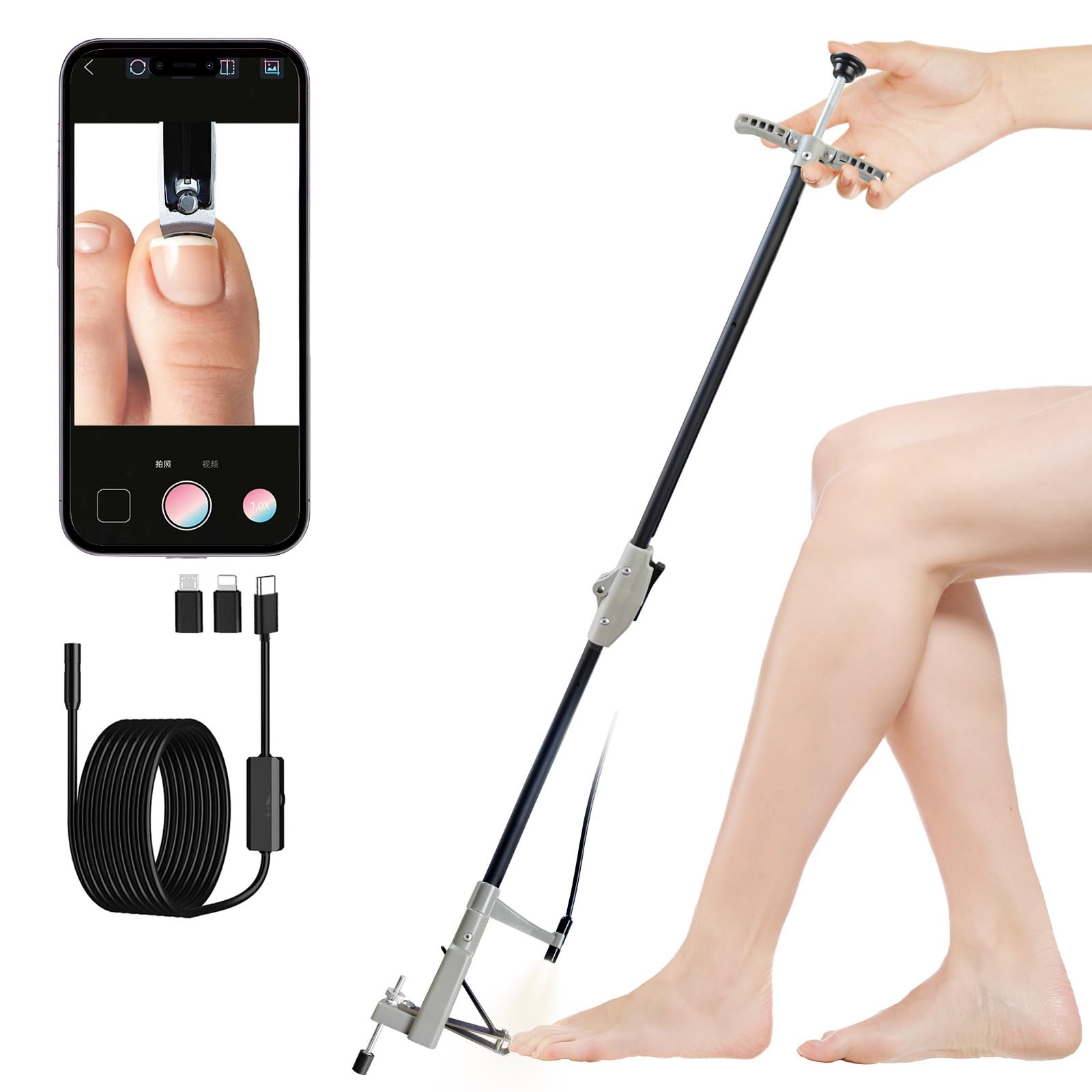 Long-Handle Toenail Clippers with HD Endoscope, LED Light & Folding Design