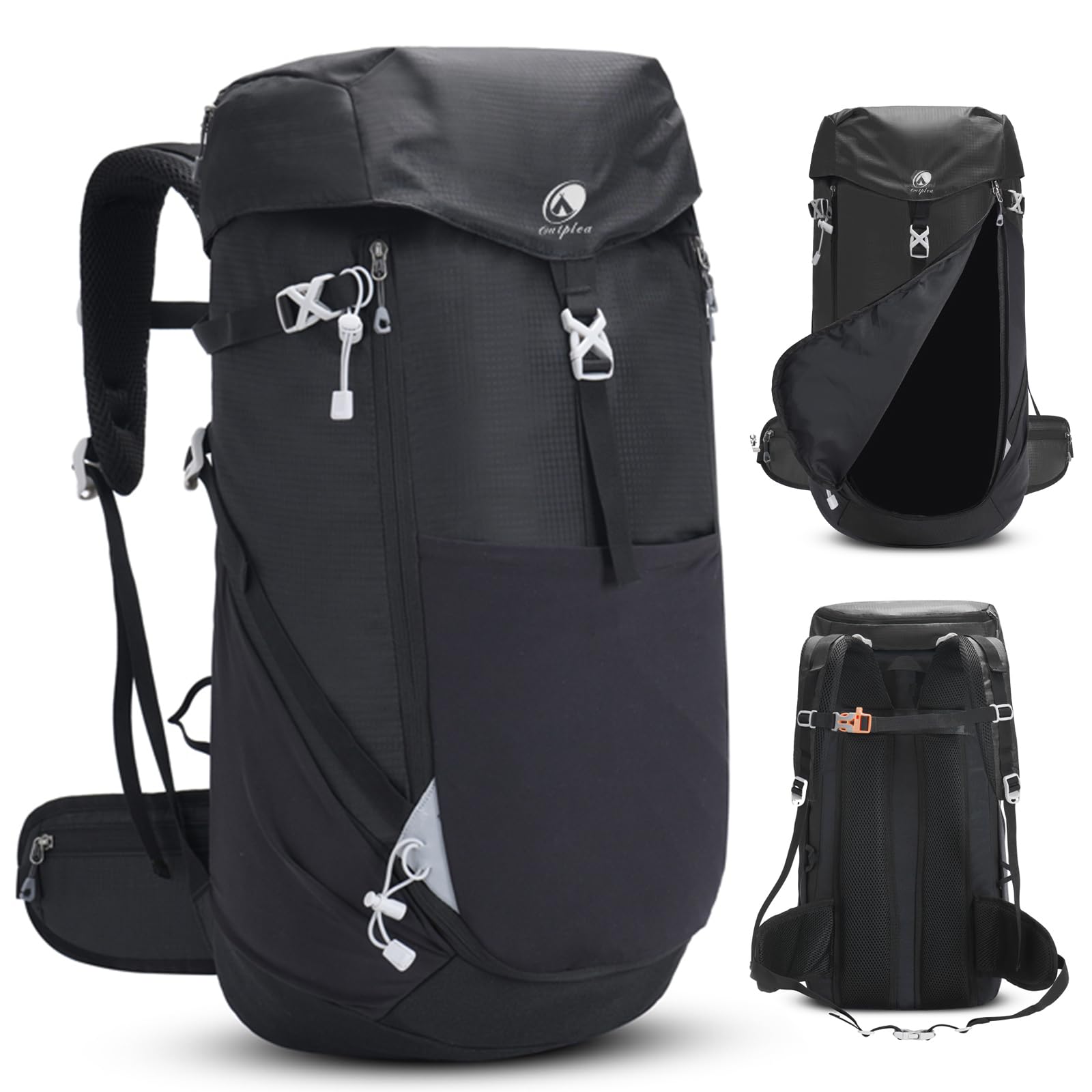 Grand Sac a Dos Randonnée 50L, Etanche Sac a Dos de Voyage avec Ouverture Frontale, Léger Sac à Dos de Trekking pour Camping, Sac à Dos Sport pour Loisir Alpinisme, Noir