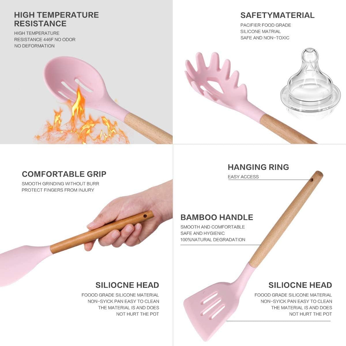 Silicone Cooking Utensil Set,Kitchen Utensils 15 Pcs Cooking Utensils Set,Non Stick Heat Resistant Silicone，Cookware with Wood Handle (Pink) : Home & Kitchen
