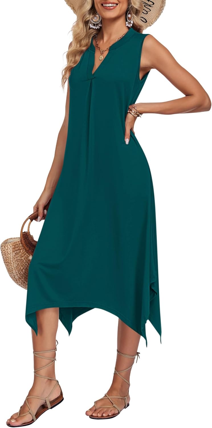 AUSELILY Summer Dresses for Women 2026 Casual Sleeveless Sundress Asymmetrical Hem Tank Midi Dress with Pockets - Image 2