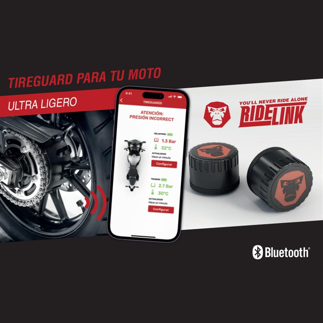 TPMS | Sensores de presión de neumáticos | Temperatura de los neumáticos | Bluetooth 5.0 | Válvula de 3,5" | 8 Gramos por Sensor | App | Navegación | Seguimiento | Planificación de rutas | Especificaciones: Bluetooth: v5.0