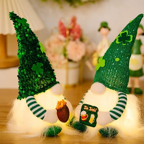 Miniatura 6 de ABOOFAN Gnomo del Día de San Patricio Duende Irlandés Gnomo sueco con trébol de la suerte verde claro muñeco de gnomo elfo con cuenco del tesoro