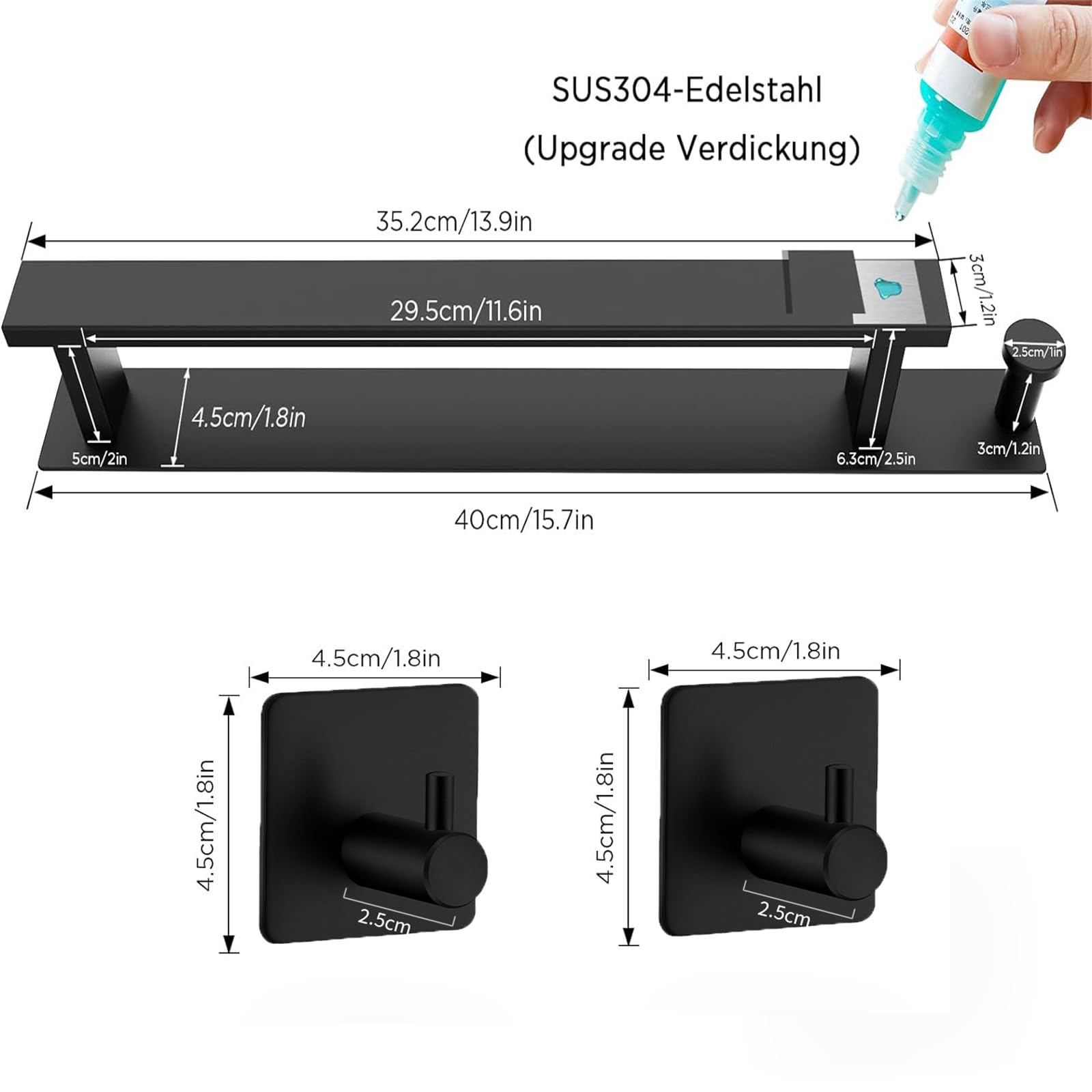 Toalleros, Toallero, Riel para Toallas Autoadhesivo de Acero Inoxidable304 Grueso para Baño, Soporte para Toallas de Baño, Riel para Toallas de Pared Resistente/Negro/40 cm
