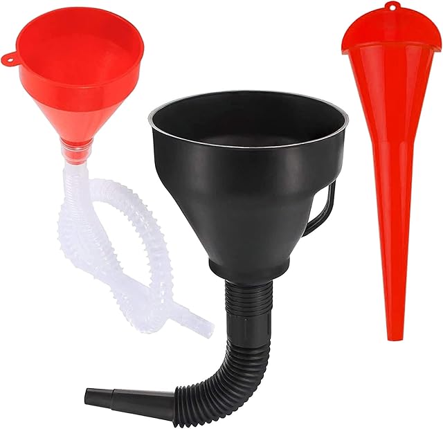 Right Angle Flexible Plastic Funnel Set, Universal Funnel Portable Gasoline Engine Funnel with Detachable Spout Attachments and Red Long Mouth Funnel for Motorcycle Car Farm Machine Automotive(3Pcs)