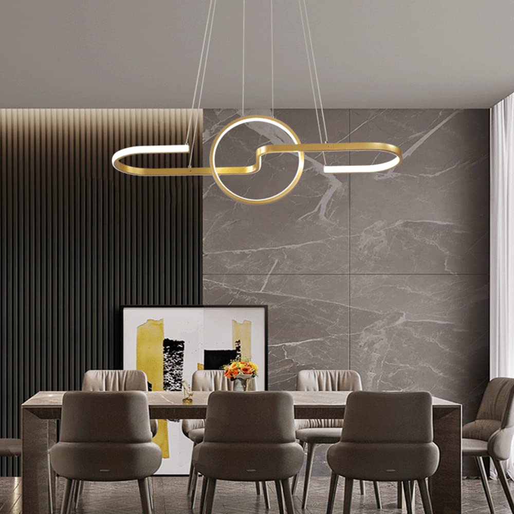 Długa lampa wisząca nad wyspą kuchenną, metalowa liniowa lampa wisząca z pierścieniem, dekoracyjne oświetlenie, nowoczesne lampy wiszące LED 48 W do jadalni, złote aluminiowe żyran