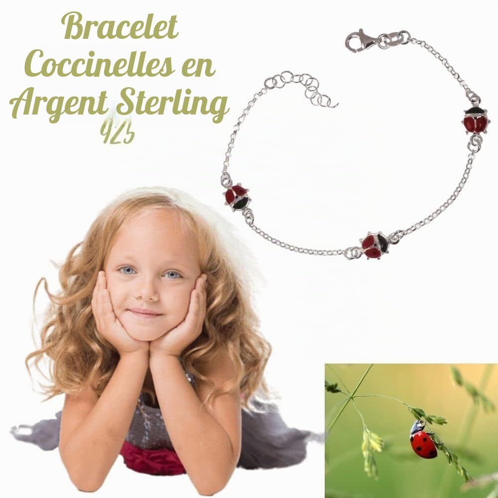 Bracelet avec coccinelles en argent sterling 925 pour filles, un design pour les petites filles les plus coquettes