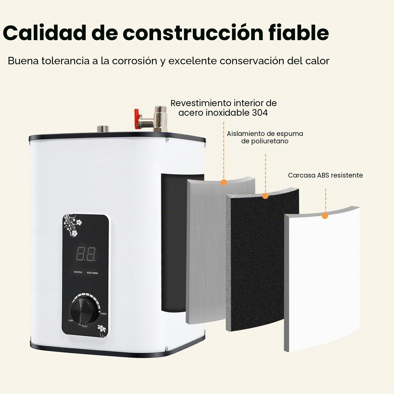 MINRS Calentador de agua caliente de 8 litros, para debajo de la mesa, 1500 W, pequeño depósito de agua caliente resistente a la presión con función de termostop, caldera bajo el escritorio, 0 – 65 ℃,
