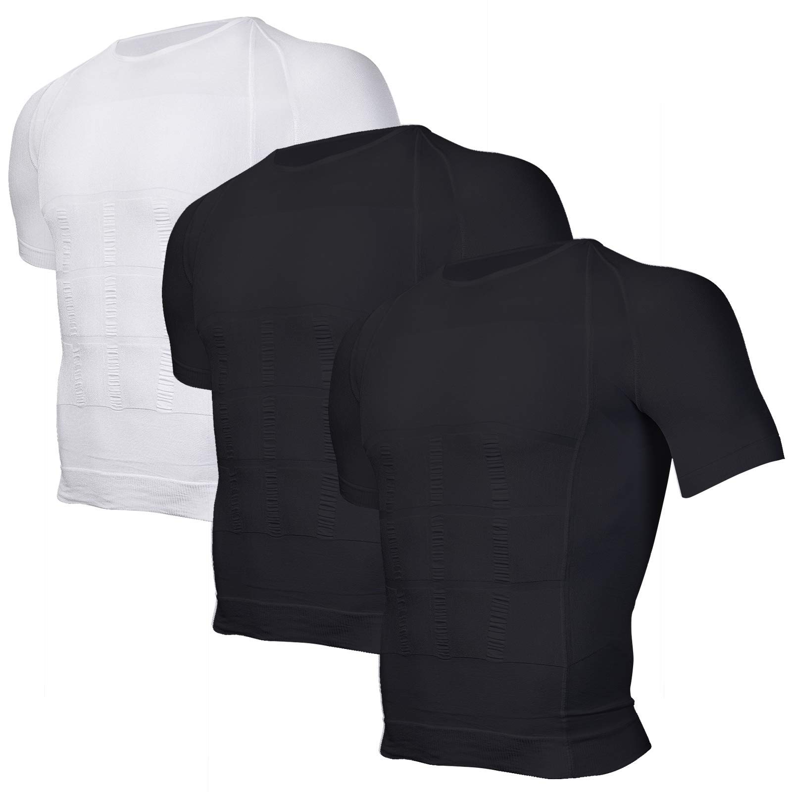 Odoland 3 Pack Men's Body Shaper Slimming Shirt Tummy Vest Thermal Compression Base Layer Slim Muscle Short Sleeve Shapewear