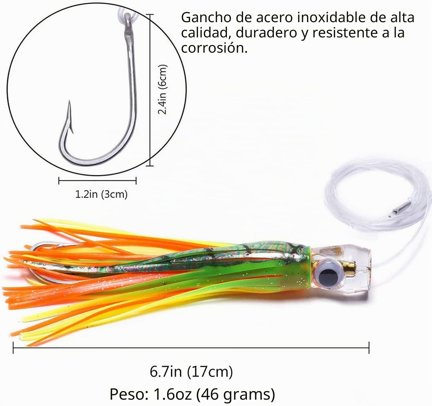 6 señuelos de pesca con falda, atún, mahi, delfín, durado, wahoo, pulpo