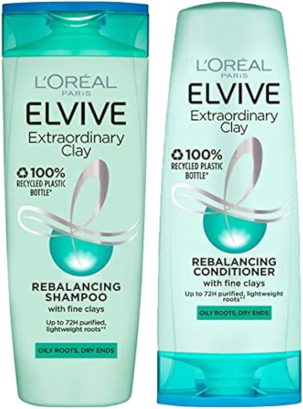 L'Oreal Elvive Extraordinary Clay Rebalancing Shampoo (500ml) & Conditioner (400ml) Set for Dry Roots & Dry Ends