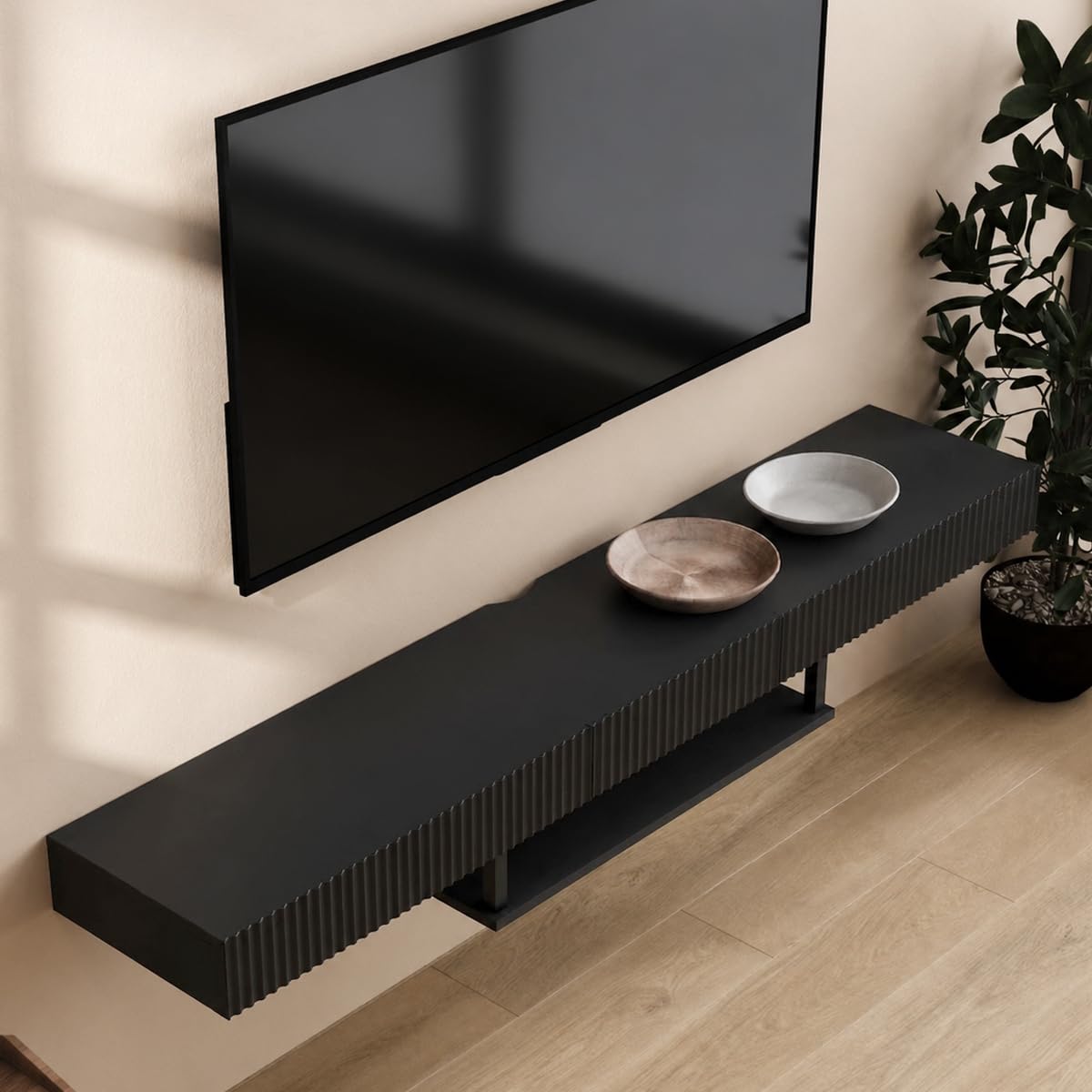 MB Muebles Bonitos | Mueble TV Colgante 150cm | Color Roble Alba | Renzo | Para Salón y Comedor Moderno, 1 cajón, Estructura Melamina Mate, 150x30x22cm