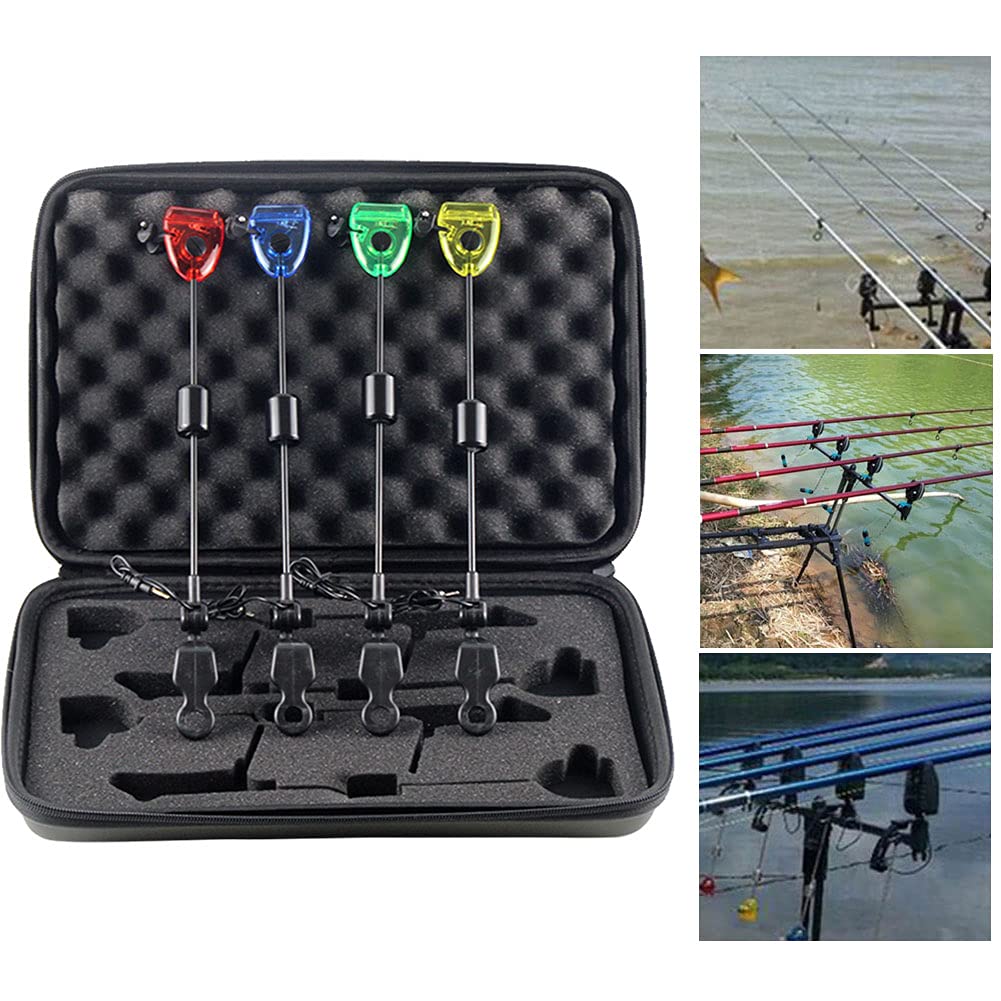 4pcs Allarme da Pesca Allarme Swinger LED Indicatore Illuminato Carpa Swingers Swingers Glassing Bobine 4 Colori Carpa Accessorio Strumenti di Pesca in Custodia zippata