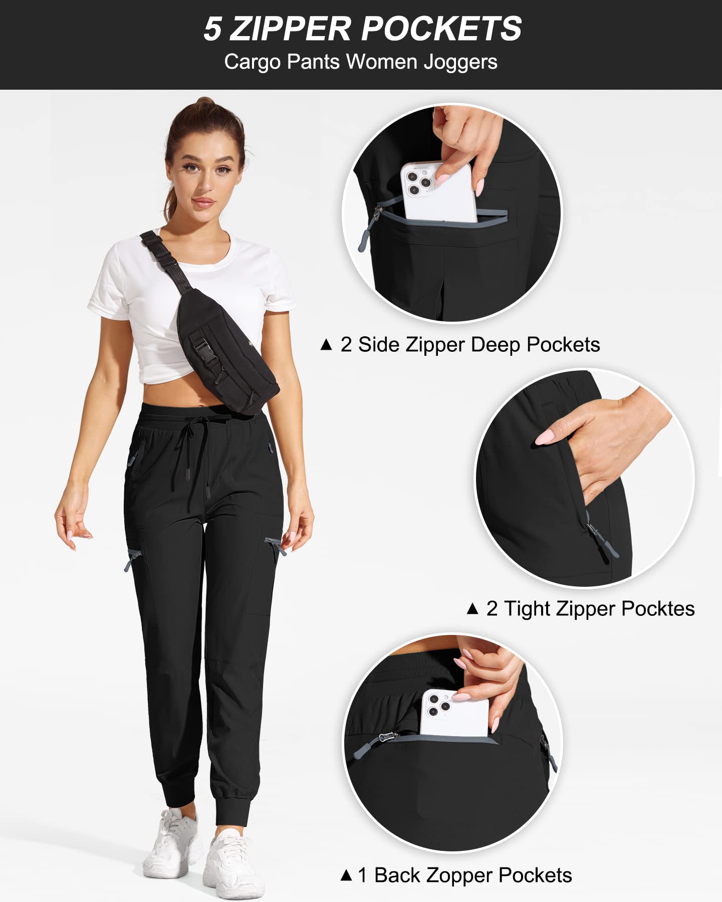 Damen Jogginghose Cargohose Leichter Wanderhose Schnelltrocken Trekkinghose Schwarz 3XL