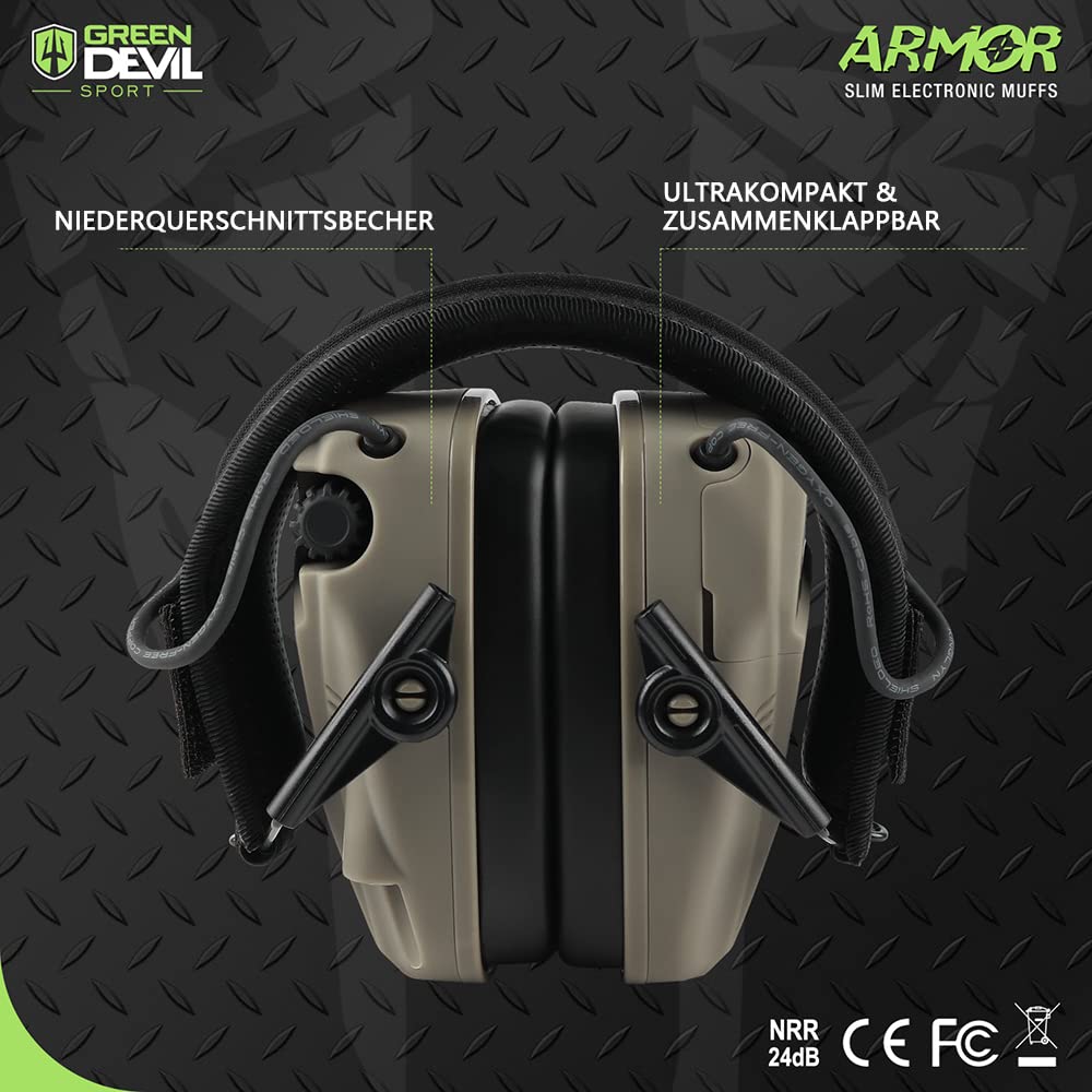 GREEN DEVIL Elektronischer Schiessen Gehörschutz NRR 24dB Elektronische Dynamische Geräusch-Regelung Ideal für Schützen und Hunting (Flache dunkle Erde)