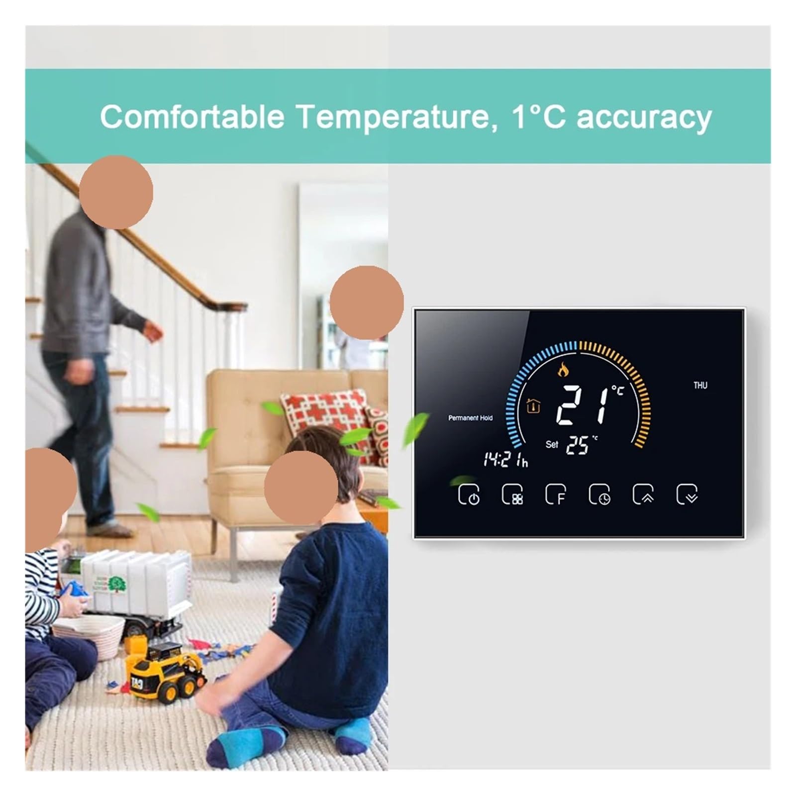 Termostat, Inteligentny Programowalny Termostat Wi-Fi Sterowanie Głosowe APP Podświetlenie Z Funkcją Blokady Wyświetlacza Wilgotności(White)