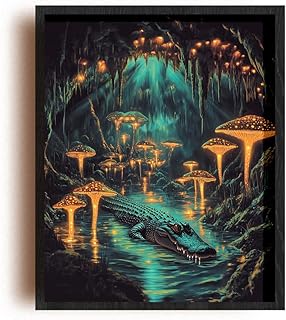 (Unframed) (8x10 Inch) Matte Wall Art Print Of Abstract Expressionism Poster of an Alligator Lurking Beneath Swamp Water in a Deep Cavern Illuminated by Glowing Fungi - Nature-Inspired Wall Art Perfe