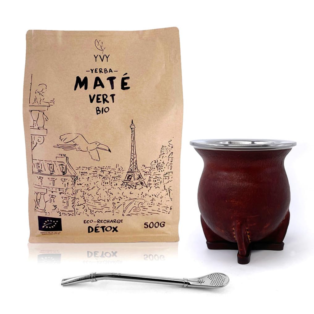 YVY MATÉ Camionero Kit | Pakiet Camionero Calebassy, Classic Bombilla i 1 ekologiczna zielona kieszeń Yerba Mate 500 g | Kompletny zestaw bio Mate | Produkcja rzemieślnicza w Urugwaju