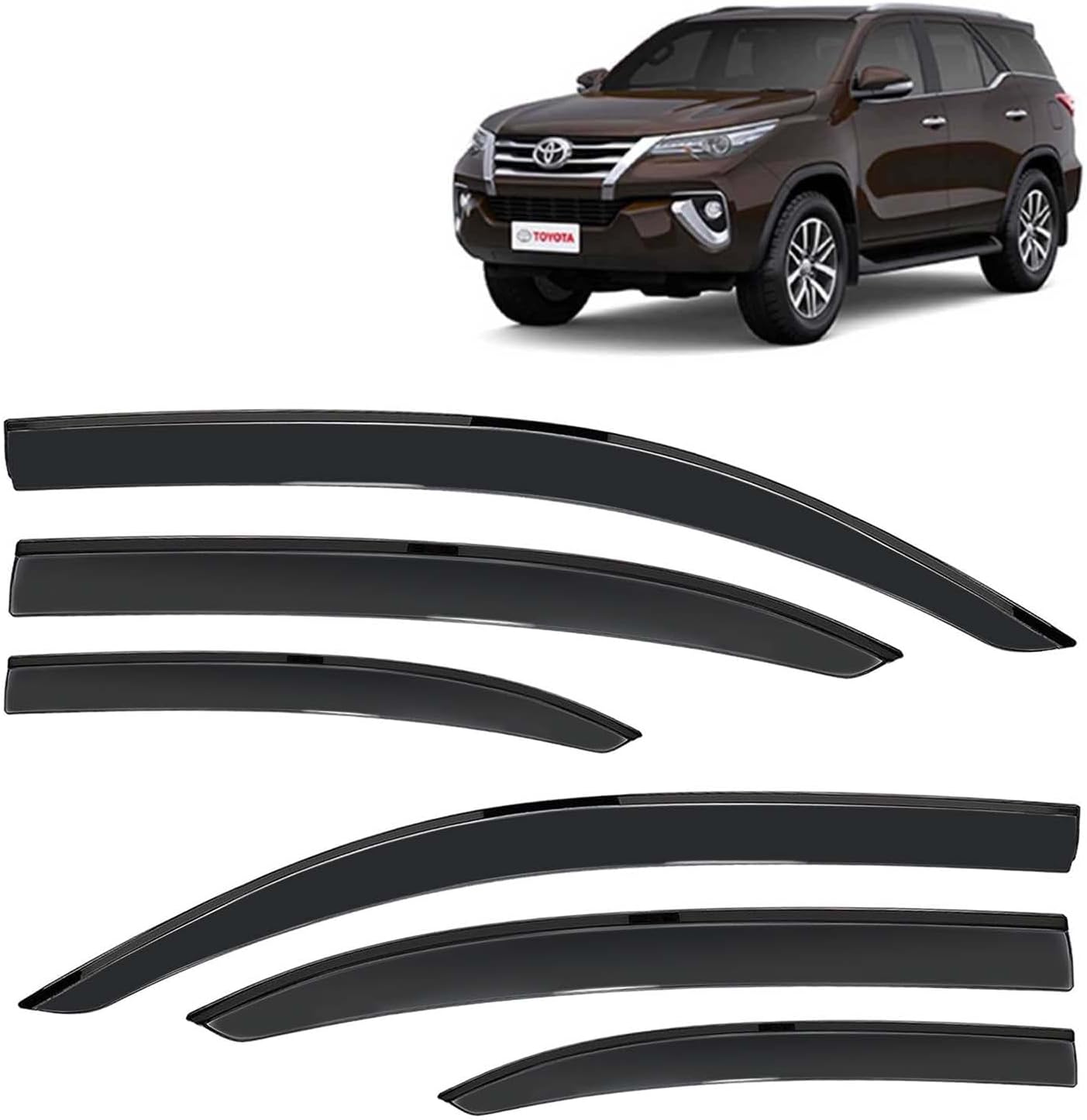 KINGSWAY® Car Wind Deflectors Rain Guard Door Visor Compatible with Toyota Fortuner (Year 2017-2020) - Polycarbonate, Black, Set of 6 Pcs