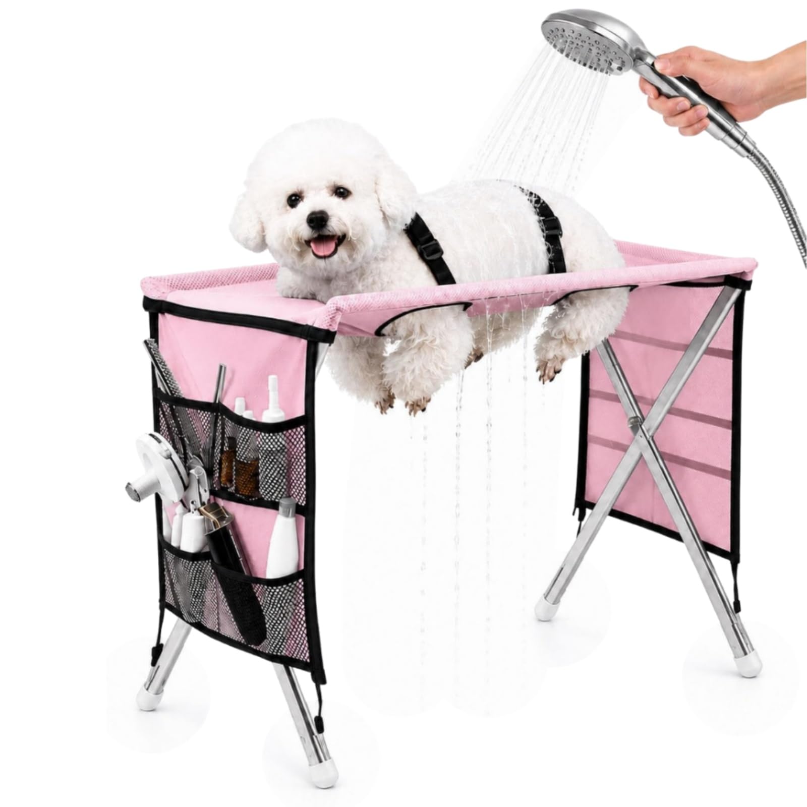 Cat Dog Grooming Hammock, Pet Bath Stand Mesh Bathing Station with Stainless Steel Frame, Foldable Grooming Table for Small & Medium Pets Trimming, Bathing, Brushing (Pink, For pets under 30 kg)