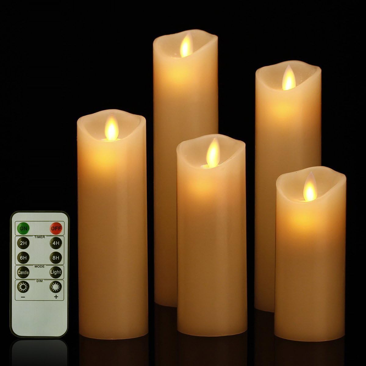 Bingolife Flameless Candles 5 6 7 8 9 Classic Pillar Real Wax Dancing Flame with 10-key Remote Control - 2/4/6/8 Hours Timer - Set of 5 (Ivory) by Bingolife