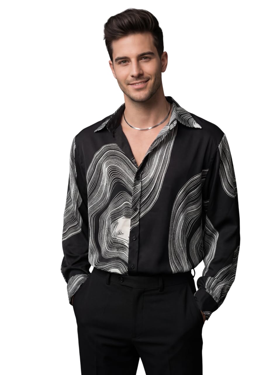 Men’S Long Sleeve Button Down Shirt, Lightweight Stylish Wave Pattern Poly Blend Casual Dress Shirt for Office Or Night Out-image-22