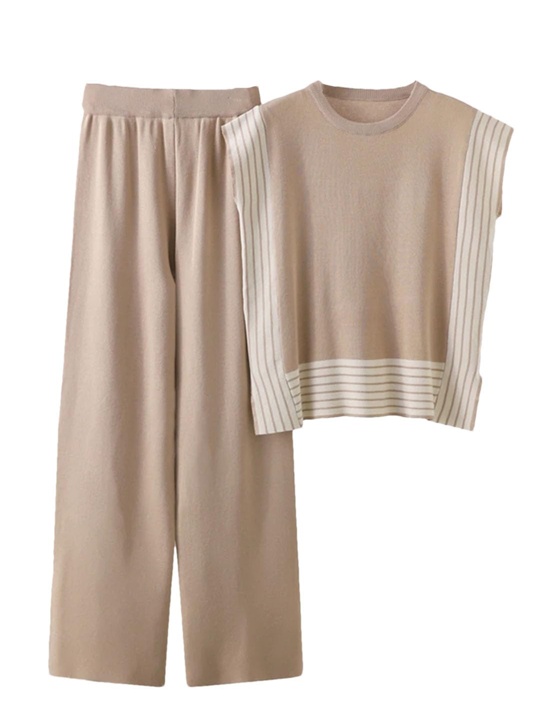 Top in maglia patchwork a righe da donna Set di due pezzi Maglieria T-shirt senza maniche Abiti Gamba larga Pantaloni alla caviglia Ensemble