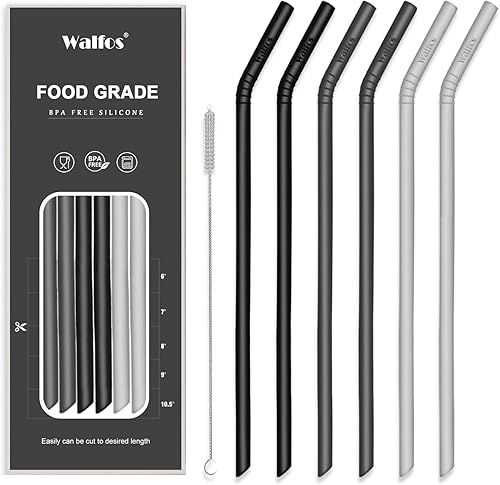 Walfos Pajitas de silicona reutilizables, de 10.5 pulgadas, flexibles, para batidos, vasos de 20 y 30 onzas, sin BPA (6 popotes anchos + 1 cepillo