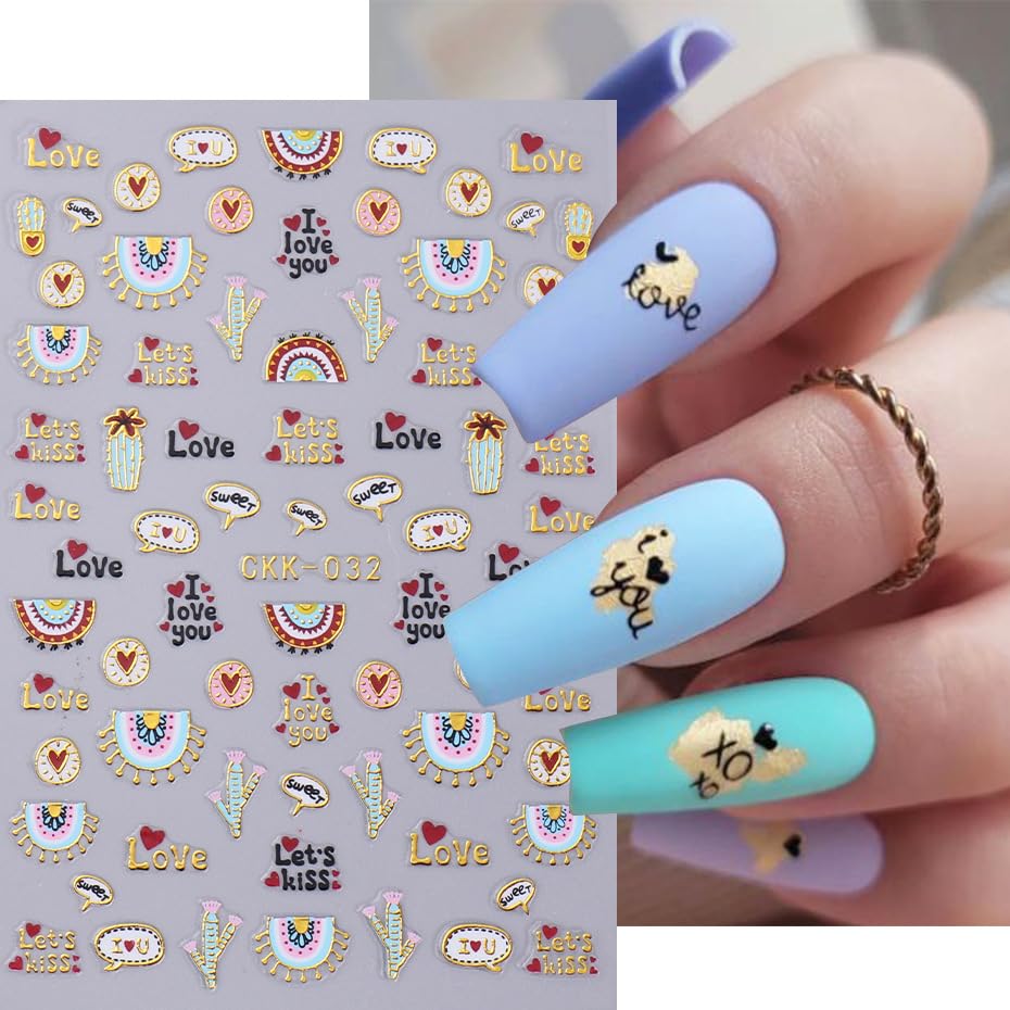 Valentine’s Day Nail Art Stickers - Hot Stamping Heart Nail Decals 3D Gold Cupid Key Letter Swan Hot Air Ballon Nail Stickers Luxury&Elegance Lips High Heels Nail Supplies for Vanlentines