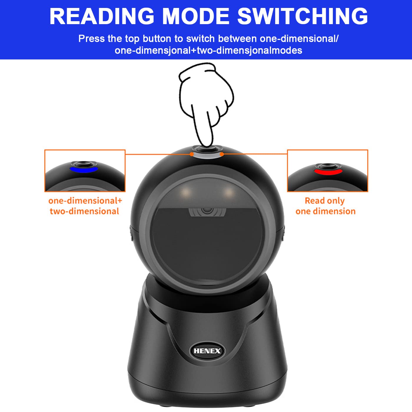 Diagram illustrating the adjustable angle of the HENEX HC-6032 barcode scanner, showing an elevation of 6 degrees and a tilt angle of 10 degrees.