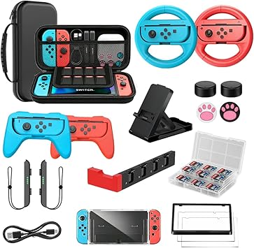 Accessories Bundle for Nintendo Switch 1/OLED, OUNFNOE 19-IN-1 Kits for Switch OLED Accessories, Carrying Case, Controller Charging Dock, Joy-Con Thumb Grips, Tempered Screen Protector, Steering Wheels for Mario Kart, Protective Console Cover
