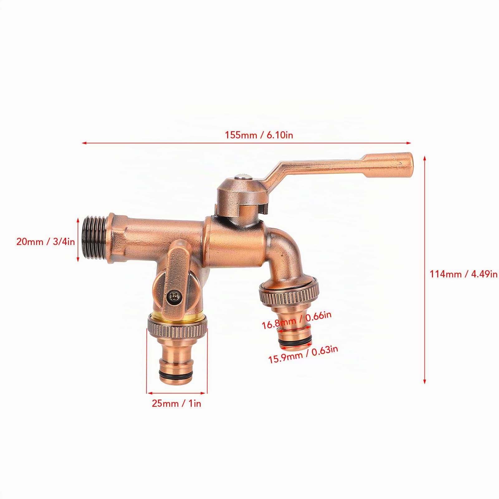 Robinet double en laiton de 3/4" avec distributeur de tuyau d'arrosage à 2 voies, double sorties de 25 mm, robinet de jardin extérieur