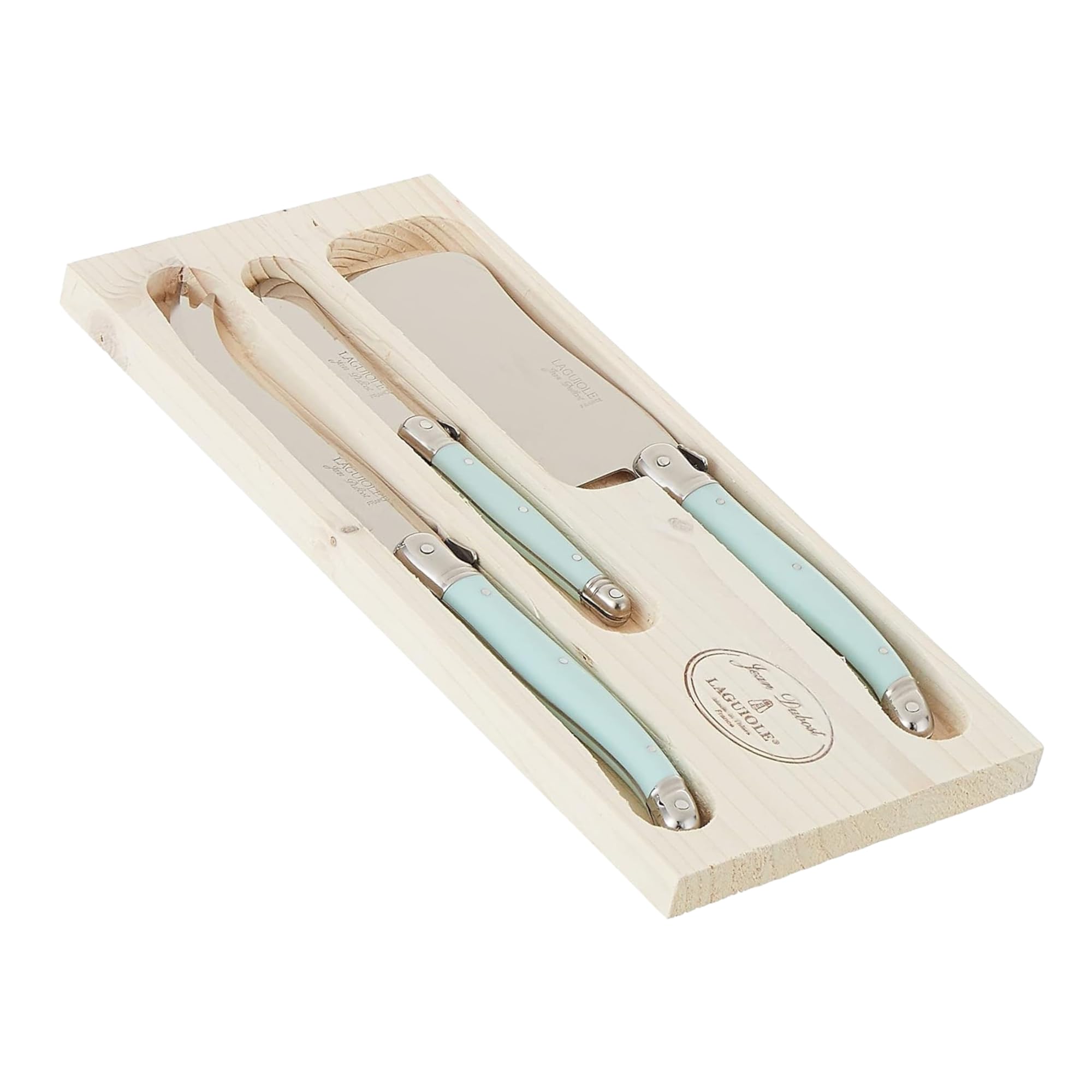Laguiole 3-Piece Cheese Knife Set, Turquoise Handles - Rust-Resistant Stainless Steel - Includes Wooden Tray - Made in France