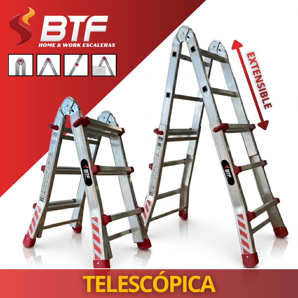 BTF Aluminium Multifunktions-Teleskopleiter MTL 3 x 4 Sprossen - Kann als Anlege- und Schiebeleiter, beidseitige Stehleiter und Treppenleiter verwendet werden. Perfekt für Arbeiten am Hang. BTF-TS33