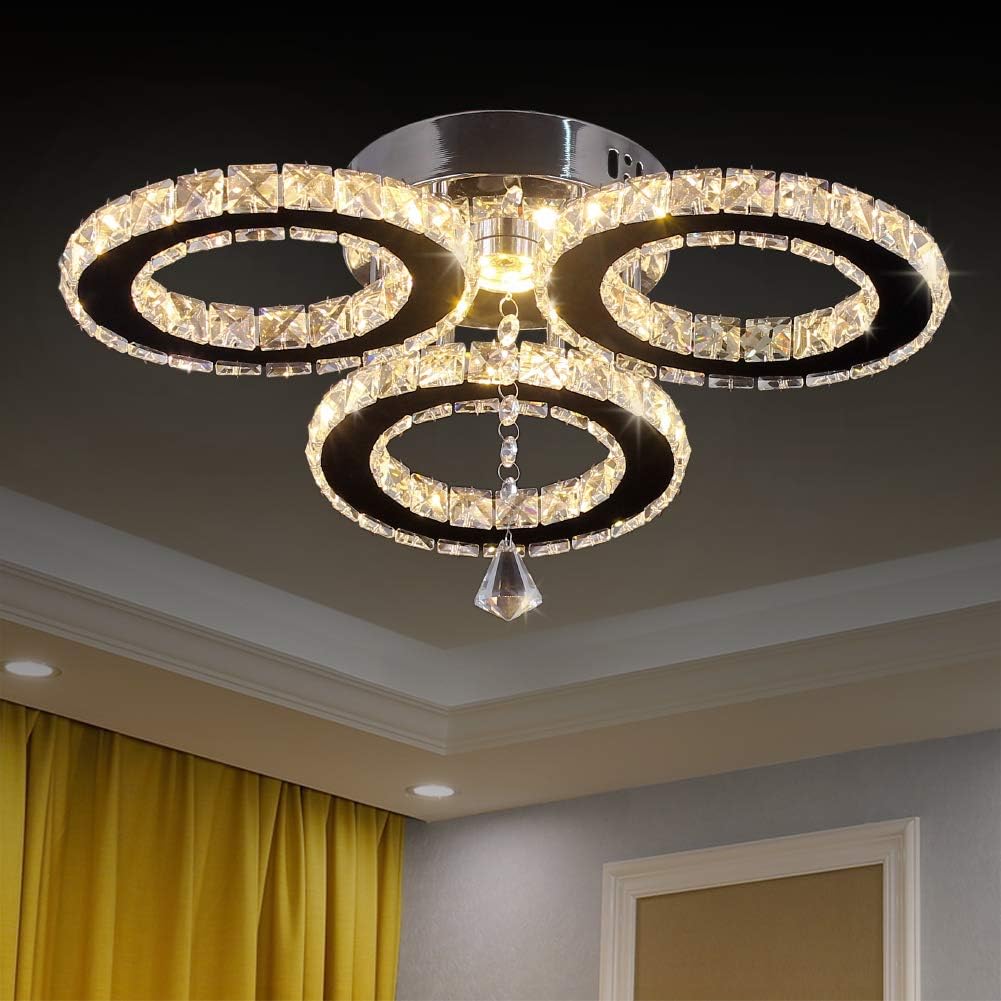 LED Crystal Pendant Ceiling Light 13x3.5 Inches 3 Rings Crystal Chandelier Flush Mount Lighting Fixture for Bedroom Hobby Living Room (Warm White)
