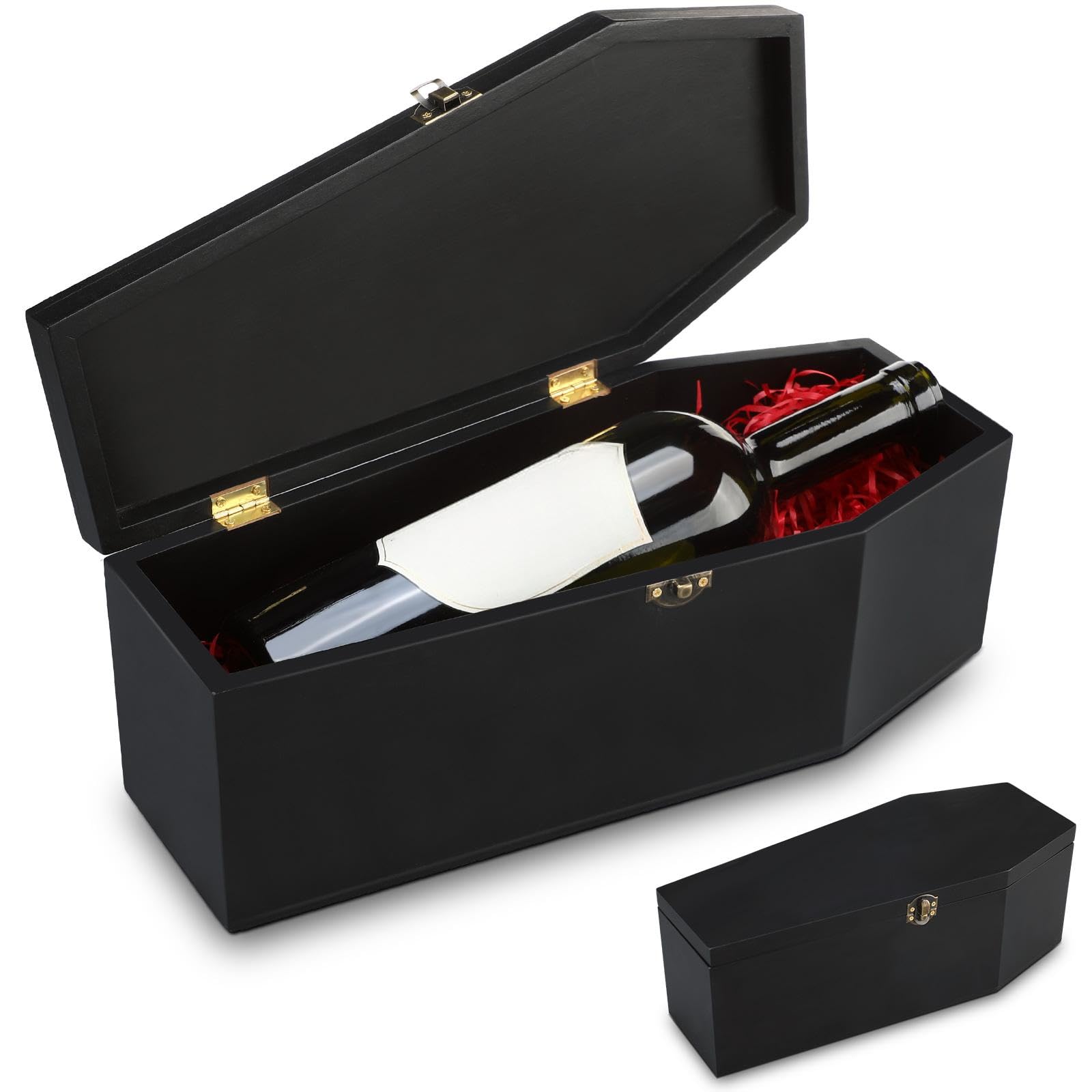 CroBlissful Scatola regalo per Halloween, con carta di rafia rossa, in legno verniciato nero, a forma di bara, con coperchio, per dolcetti o scherzetti, decorazione per feste di Halloween (1 pezzo)