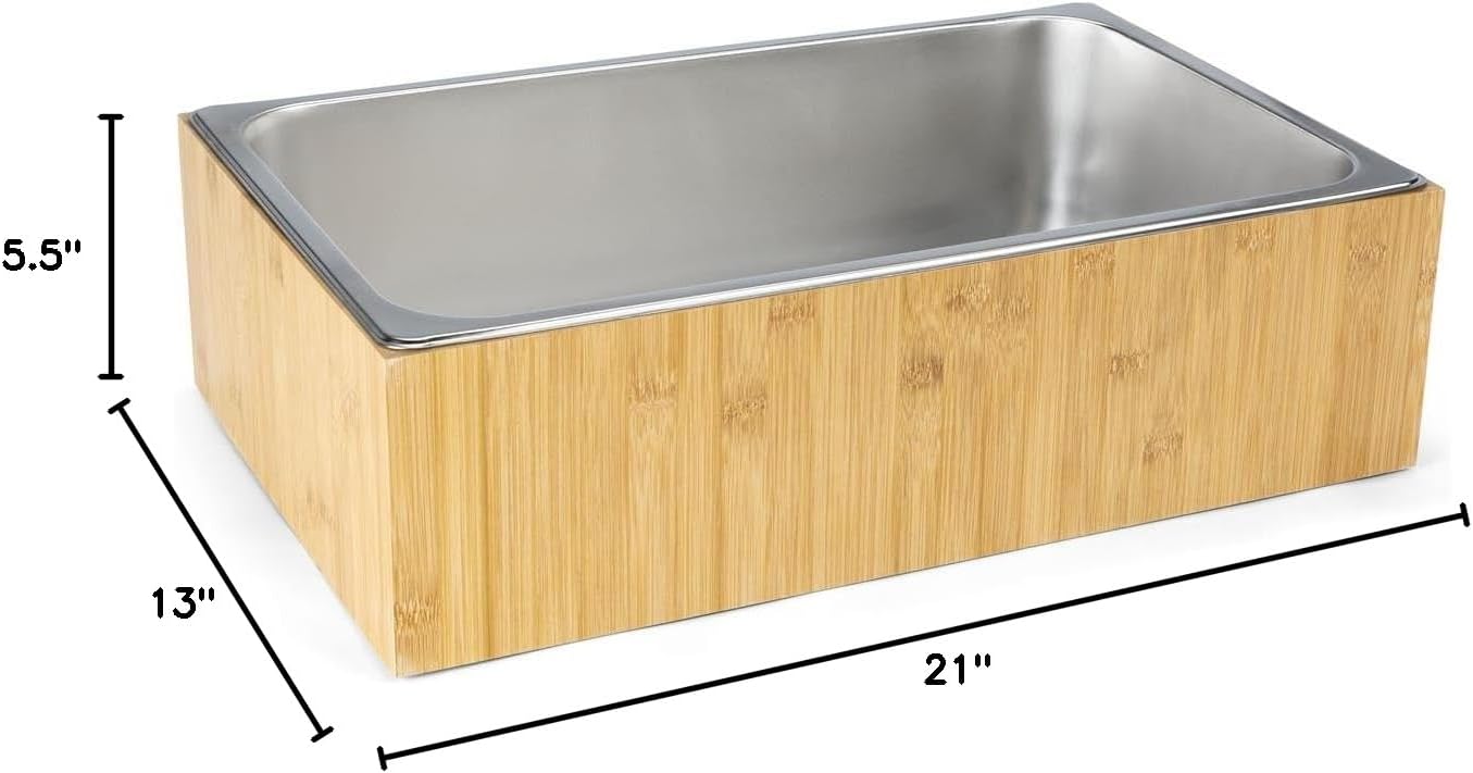Displays2go 21" x 6.5" Ice Housing Tray - Bamboo and Steel Ice Housing Container - Removable Tray for Display Buffets - Bamboo (FSIHWOODL)