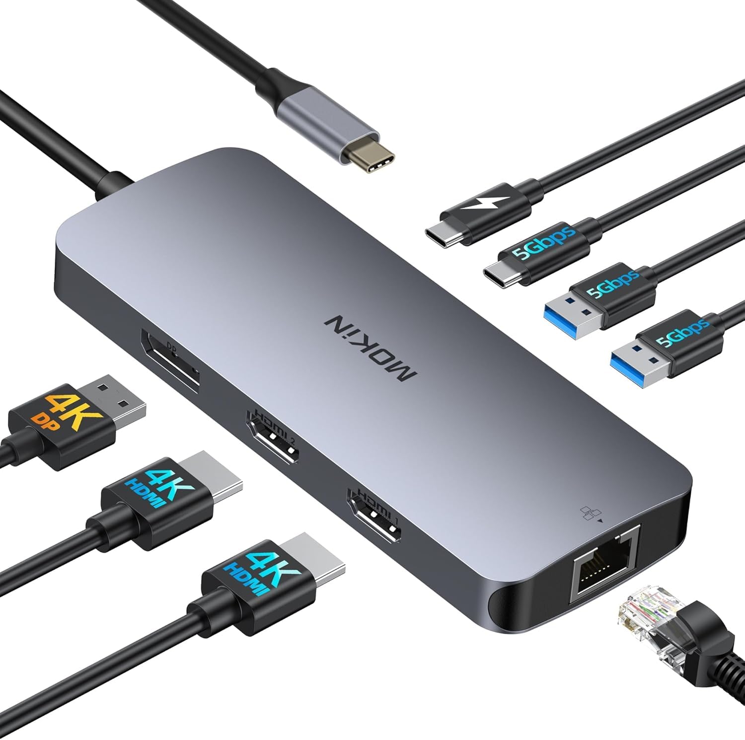 MOKIN USB C Docking Station Dual Monitor 8 IN 1 USB C Hub 2 HDMI, DisplayPort, Gigabit Ethernet, 100W PD Charging, 3 USB A/C 3.0 Ports, Laptop Docking Station für MacBook/Dell/HP/Lenovo/Surface