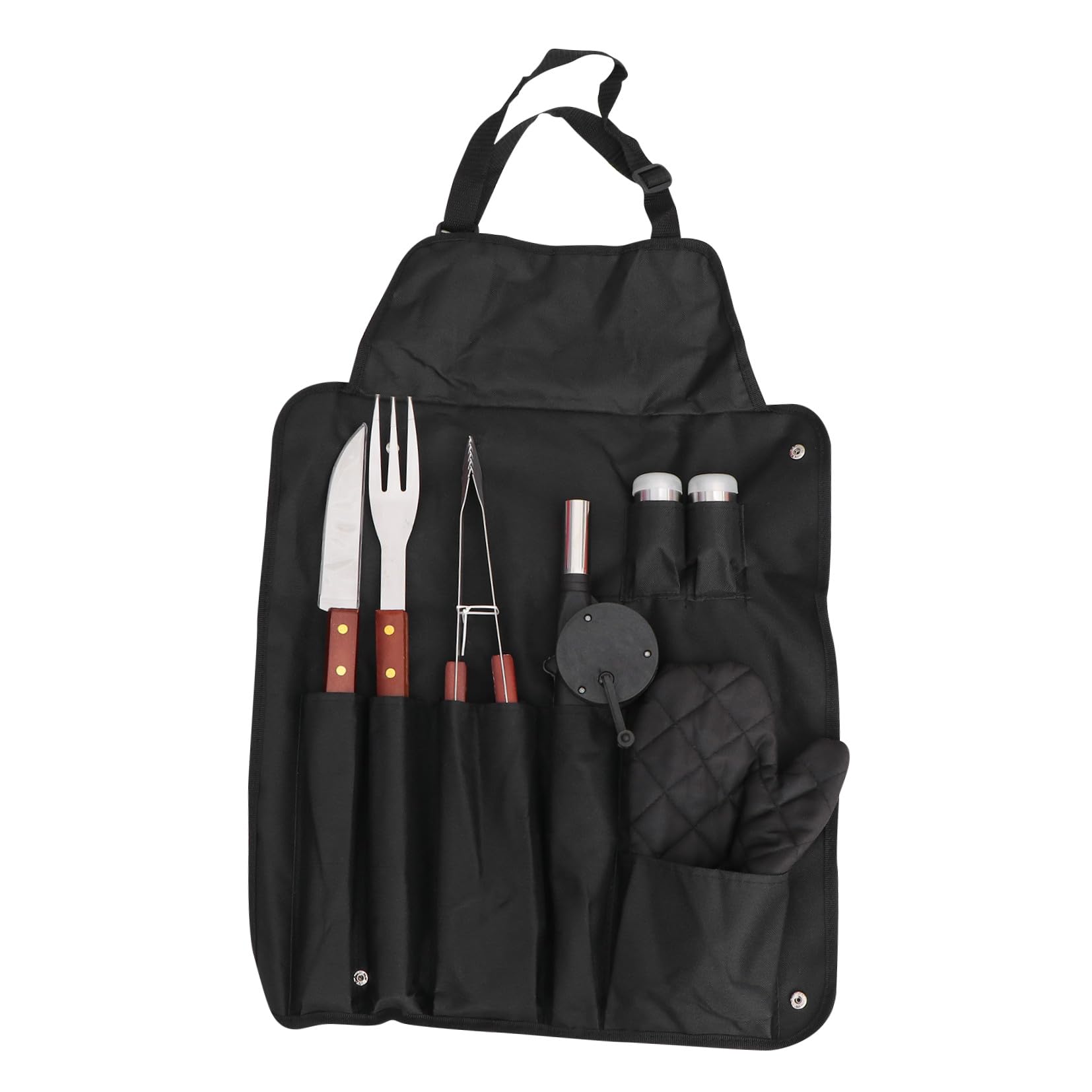1 Satz Edelstahl Grillbesteck mit Holzgriff, Schwarz, Outdoor BBQ | Grillschürze und Handschuh Enthalten, Aufbewahrungstasche Dabei, für Camping und Grillparty