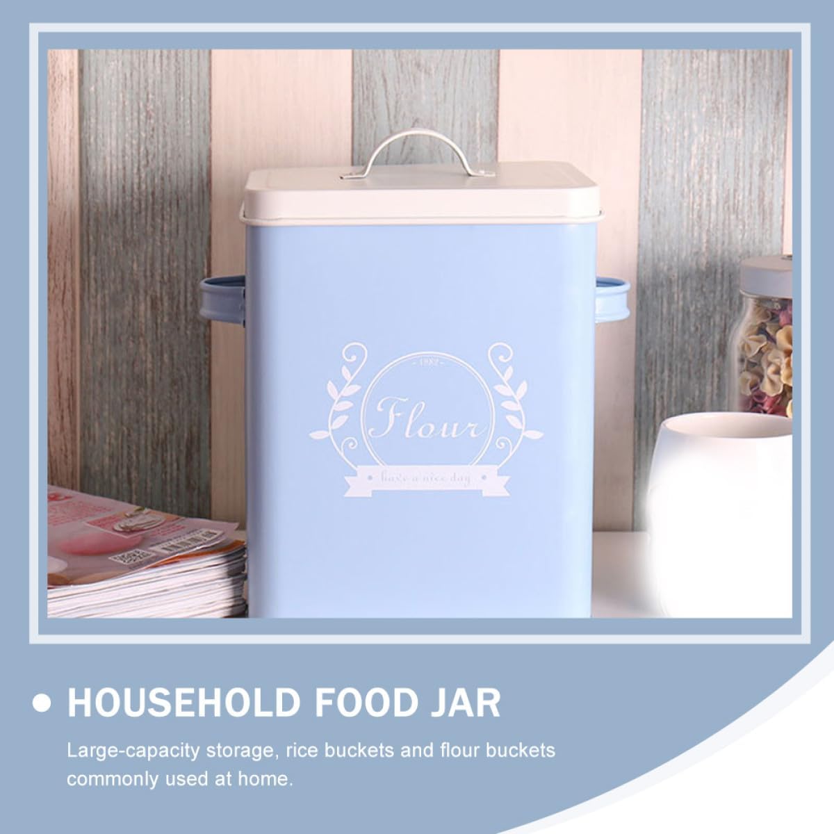 Luxshiny Rice Storage Bucket and Kitchen Organizing Box, Galvanized Iron Snack Container with Lid, Blue Grain Storage Bin for Pantry and Food Organization, 1pcs