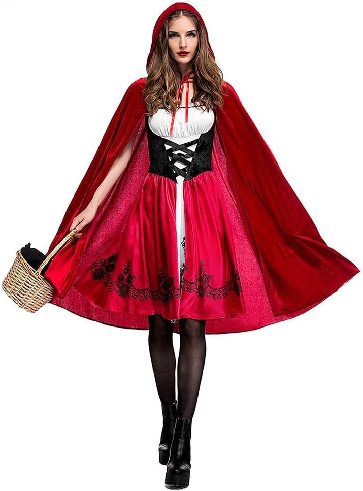 Women Little Red Riding Hood Costume Princess Dress +Cape Cloak Halloween Outfits Cosplay Fancy Dress Up Carnival Christmas Birthday Party Costume Red A L