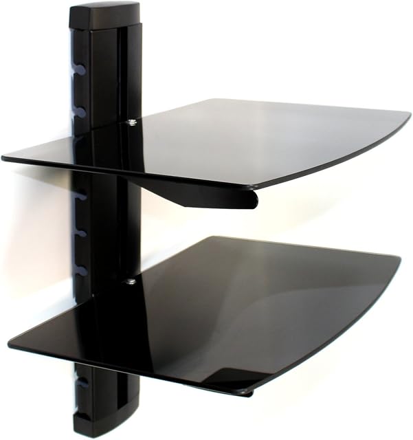 Tempered Black Glass Floating Shelf | 2 Tier | Wall Mounted Shelving | Routers, DVD players, Controller Storage | Integrated Cable Management | M&W