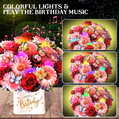 Ecloverlife Birthday Cards with Music & Lights, Pop Up Happy Birthday Cards, 10 Inch Size Daisies & Butterflies Flower Bouquet, Birthday Cards for Girls, Women, Wife, Mom, Sisters