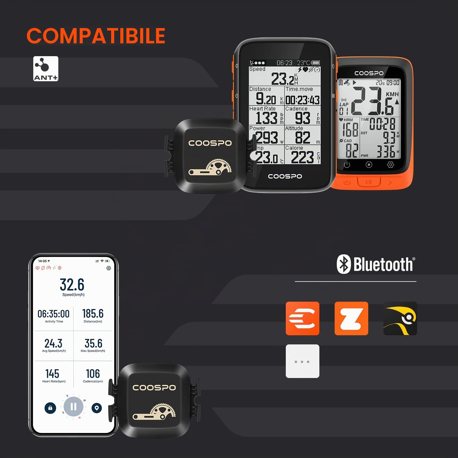 CooSpo Bluetooth 4.0 e ANT Smart Wireless impermeabile Fitness Tracker Bike Speed e Cadence Sensor
