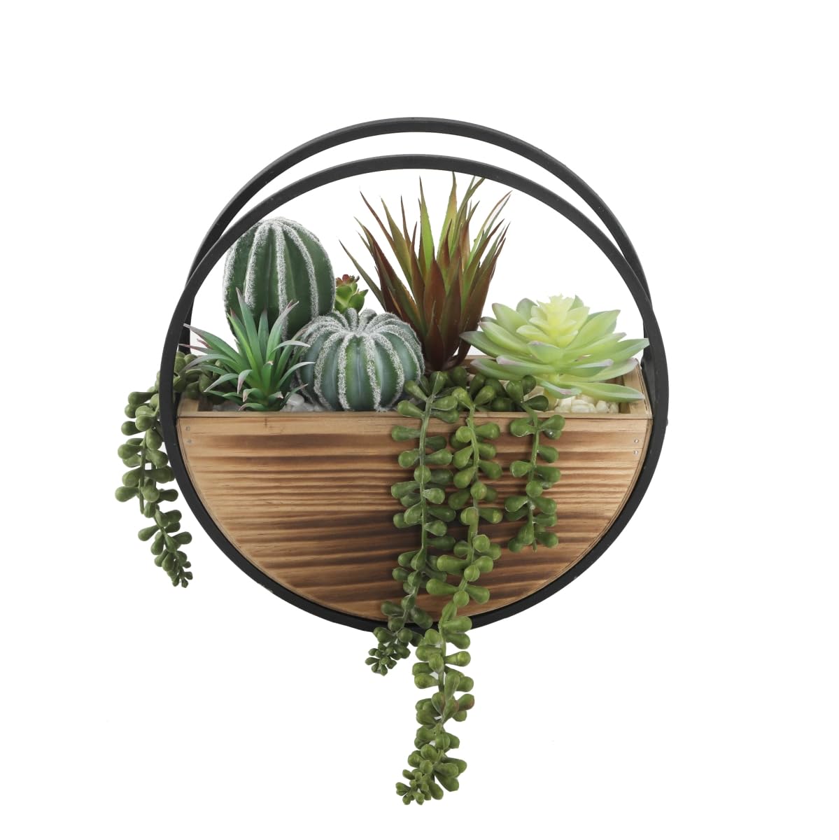 Flora Bunda 11 in. Artificial Round Wood and Metal Wall Faux Succulents Mix TS1881E