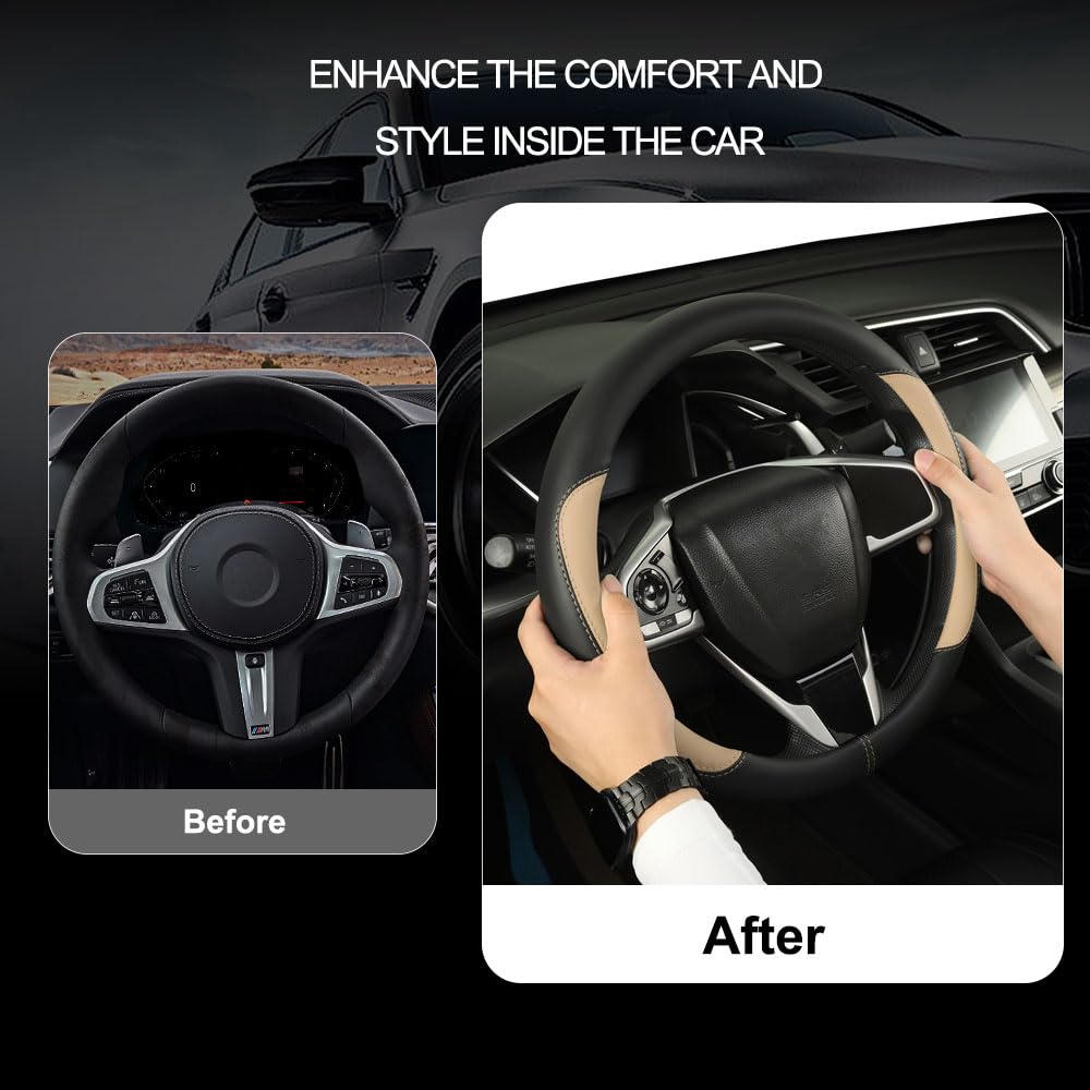 Car Steering Wheel Cover,Microfiber Leather Steering Wheel Cover Universal 14.5-15 inch, Anti-Slip Breathable Auto Wheel Cover Protector for Men Women (Black&Beige)